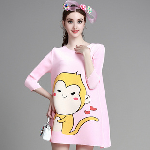 miuco2016欧美春季新款女装猴子印花重工褶皱a字裙宽松显瘦连衣裙