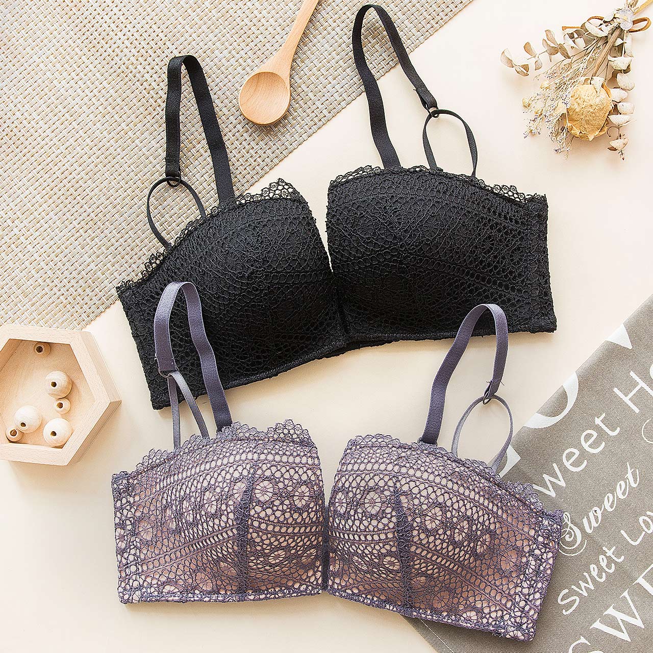 日系甜美蕾丝内衣女无钢圈 1/2半杯小胸性感加厚聚拢舒适透气文胸