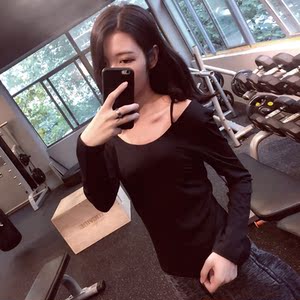 annerun美背一字领性感露肩运动健身长袖上衣瑜伽服速干吊带t恤女