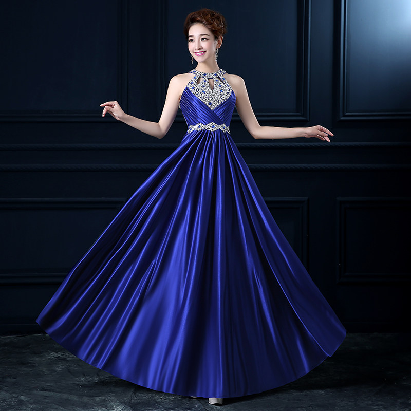 年会主持人晚会演出服女挂脖镶钻宴结婚礼服修身敬酒服长款新2016