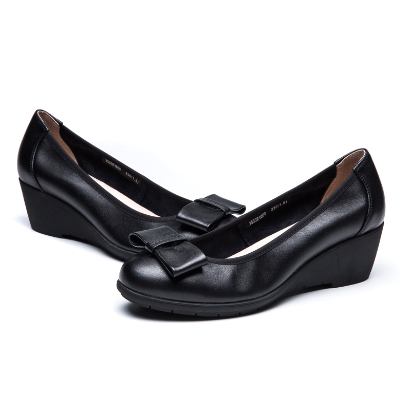 奥康女鞋秋季新品 女单鞋真皮浅口蝴蝶结坡跟通勤ol职业女鞋