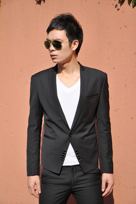 时尚都市 秋装短款矮瘦版夜店发型师小西服男韩版修身男士西装礼服黑