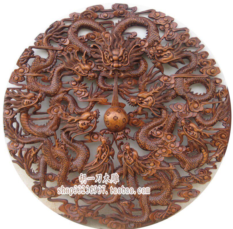 东阳木雕圆型盘龙九龙献宝胡一刀木雕纯手工雕刻镂空木挂件