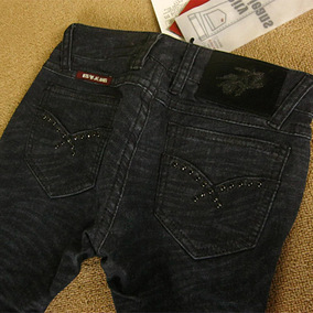 bs2b/小魔鱼专柜正品烫钻条纹牛仔女小直角长裤311148吊牌价419