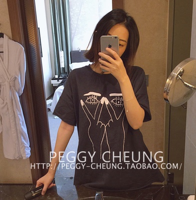 2016新款 宽松显瘦剪刀手卡通印花圆领不规则下摆竹节棉质短袖t恤