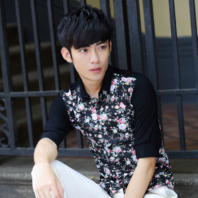 [最后一天] 男士七分袖花衬衫夜店男装潮流修身中袖发型师韩版碎花