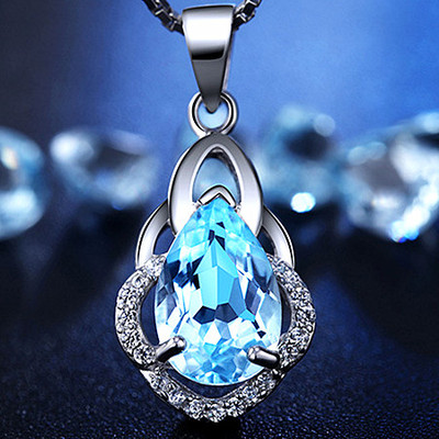 [限时促销] 日韩 天然托帕石水晶项坠 925纯银蓝宝石蓝水晶水滴吊坠