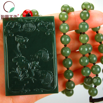 正品天然和田玉青玉金鱼满堂青玉牌子 精雕油润项链男女款吊坠