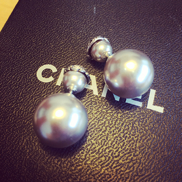 [限时促销] 复古时尚2015新款韩国简约灰色珍珠蕾丝大小珍珠百搭耳环