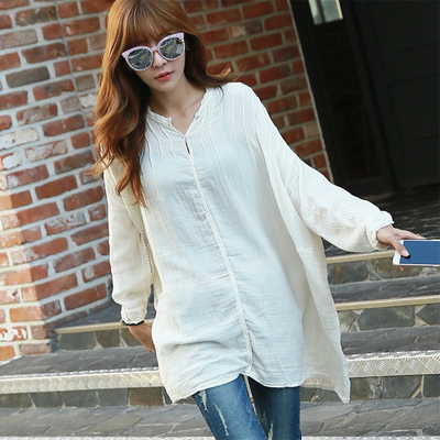 韩版v领 通勤 超宽松纯白色 中长款蝙蝠袖大衬衫 女士宽大休闲棉麻