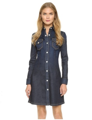 美国正品代购alexa chung x ag英伦风格单排扣长袖牛仔连衣裙