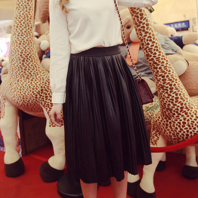 2016春秋款新款女装百褶pu皮半身裙百搭修身及膝长裙修身下装女