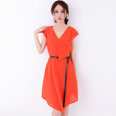 欧美v字领开叉不规则连衣裙时尚雪纺中长裙修身大码纯色夏mm裙子