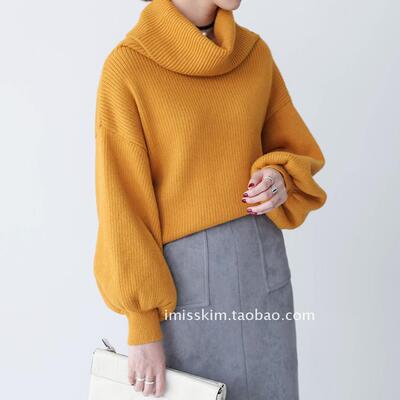 2015秋冬流行新款 时尚一字领针织衫大翻领套头灯笼袖宽松毛衣