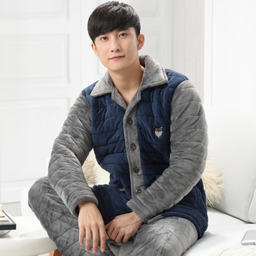 珊瑚绒夹棉睡衣男冬季加厚加绒冬款男士保暖法兰绒棉袄家居服套装