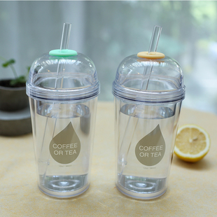 创意吸管杯成人果汁杯饮料杯学生儿童双层塑料带吸管水杯子随手杯