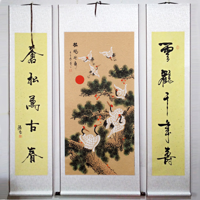 松鹤延年中堂画配对联 字画 装饰画 年画 挂画 装裱手工书法国画