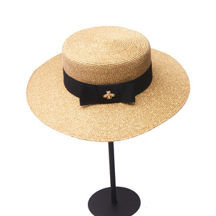 春夏复古金色编织草帽小蜜蜂女士时尚宽檐帽防晒出游金丝草平顶帽