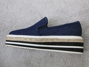 潮女休闲低帮单鞋正品naning9圆头套脚撞色草编厚底松糕牛仔布鞋