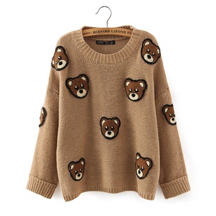 韩国秋冬可爱小熊图案植绒贴布套头慵懒毛衣宽松圆领针织毛衫女潮