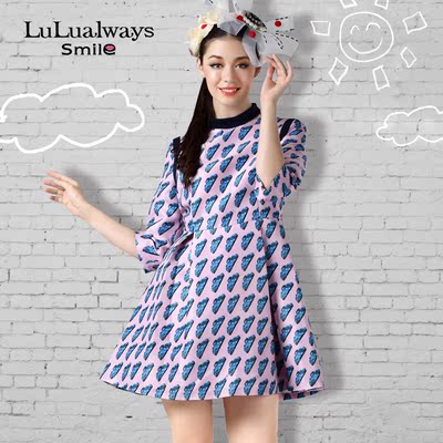 [新品发布] lulualways我爱露露条纹立领淑女印花收腰七分袖连衣裙dgc