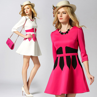 [春装新品] twinkle claus七分袖小香风连衣裙 欧洲站2015春白色中袖