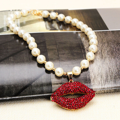 [仅此一天] 红唇嘴唇满钻珍珠项链女夸张配饰装饰韩国韩版饰品大红短