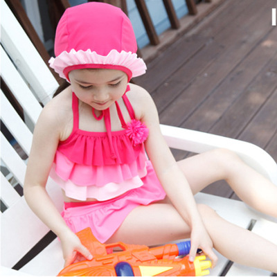 新款可爱漂亮儿童裙式游泳衣女孩子小朋友幼儿园宝宝比基尼带泳帽