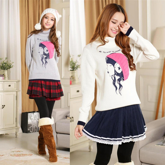 衣之琪2014秋冬新款学院风森女卡通高领套头毛衣中学生撞色打底衫