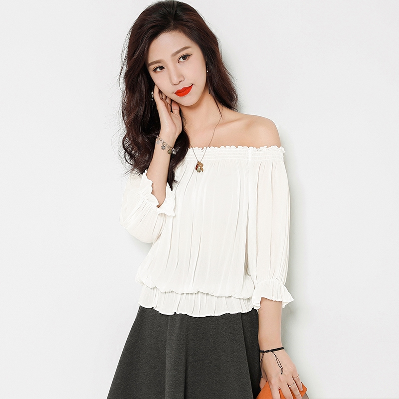 一字领露肩袖雪纺短款五分宽松红色性感夏季衬衫上衣