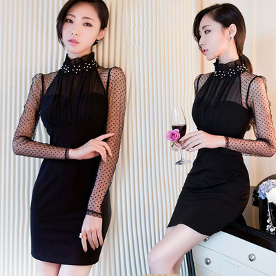 [新品推广] 蕾丝透视连衣裙女修身2016春网纱长袖性感夜店短裙时尚