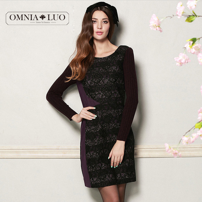 [限时折] omnialuo欧柏兰奴女装精致蕾丝钩花针织拼接长袖连衣裙2015