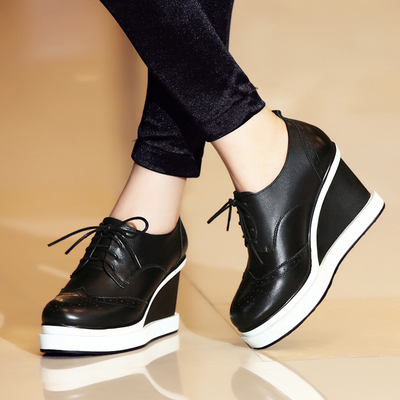 晨品全真皮松糕鞋女夏 坡跟厚底休闲高跟女单鞋英伦2016早春新款