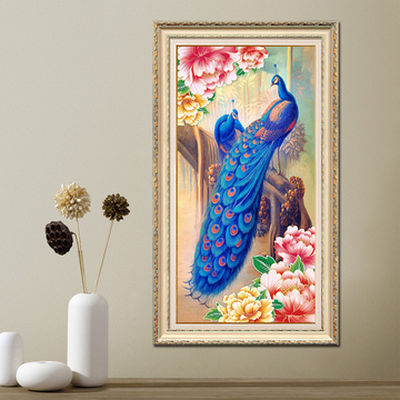 5d魔方钻钻石画孔雀花开富贵钻石画竖版孔雀牡丹花十字绣玄关系列