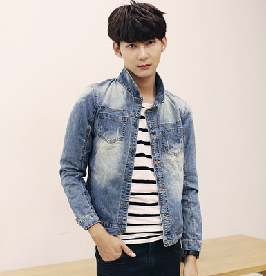 小码男装春季薄外套浅色修身矮小个子牛仔夹克男s码短款牛仔衣160