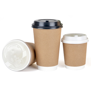 速递240ml480ml一次性咖啡杯带盖奶茶杯双层牛皮纸杯打包杯500套