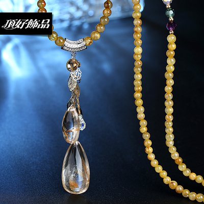[卖家促销] 顶好饰品 天然金发晶项链925纯银镶水滴吊坠长款毛衣链