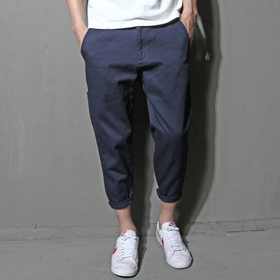 夏季韩版流行男装工装小脚八分裤 纯色布裤青年休闲直筒8分裤男潮