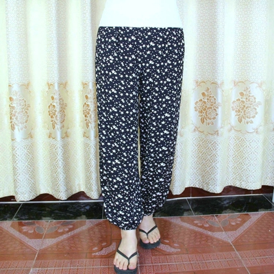 绵绸纯棉绸印花休闲女裤子松紧腰人造棉宽松大码显瘦灯笼裤长裤夏