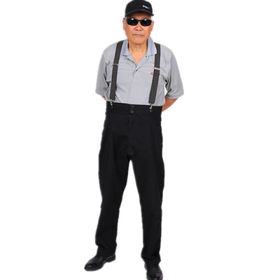 中老年男士背带裤夏薄中老年休闲高腰宽松直筒纯棉黑色特大码长裤