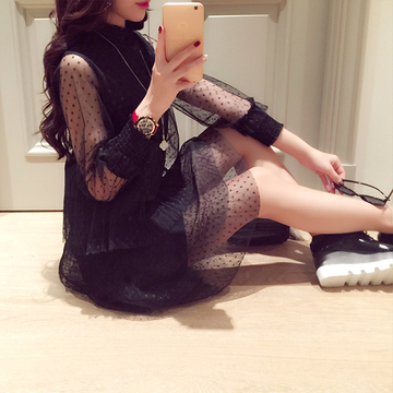 西西小可 春季新品 性感透视网纱袖 女人味气质多层纱纱连衣裙