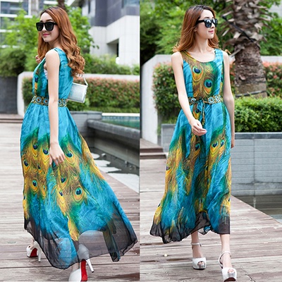 孔雀连衣裙夏长裙