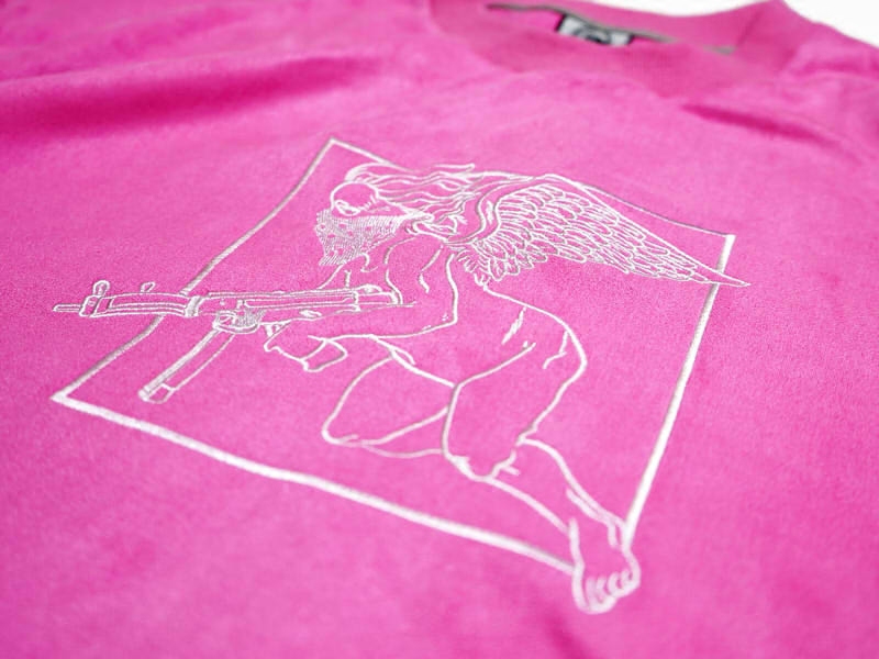 graf原创品牌【麂皮】小天使ak47刺绣秋季粉红色绒面落肩短袖t恤