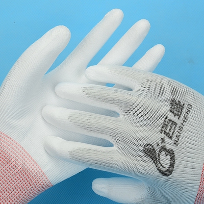 正品百盛白色pu手套浸胶尼龙薄款小号女士工作劳务劳保防护用品