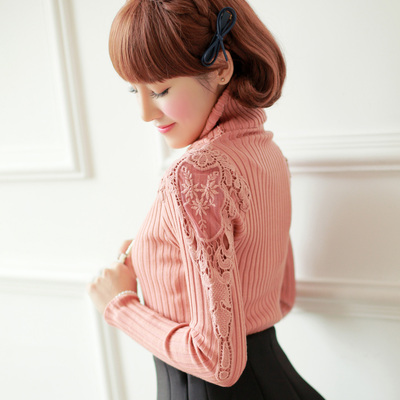 秋冬新款韩版镂空蕾丝麻花中长高领打底毛衣女套头加厚针织衫包邮