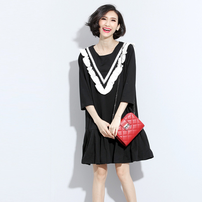 秋装新品欧美花边拼接中长款荷叶边连衣裙长袖t裙大码女装显瘦潮