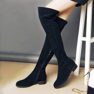 2015欧美冬天女鞋靴子低跟平底过膝长靴全牛皮大码长筒高筒骑士靴
