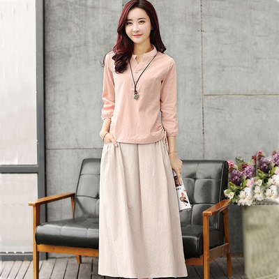 亚棉麻连衣裙中长款春夏修身长袖两件套装裙女休闲潮唯品会小清新