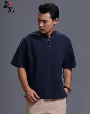 高领 男装夏装文艺棉麻中式外套短袖唐禅装中国民族风衬衫古典休闲t恤