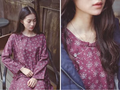 子不语|中式复古文艺清新棉麻斜襟盘扣圆领长袖衬衫短裙磨毛碎花